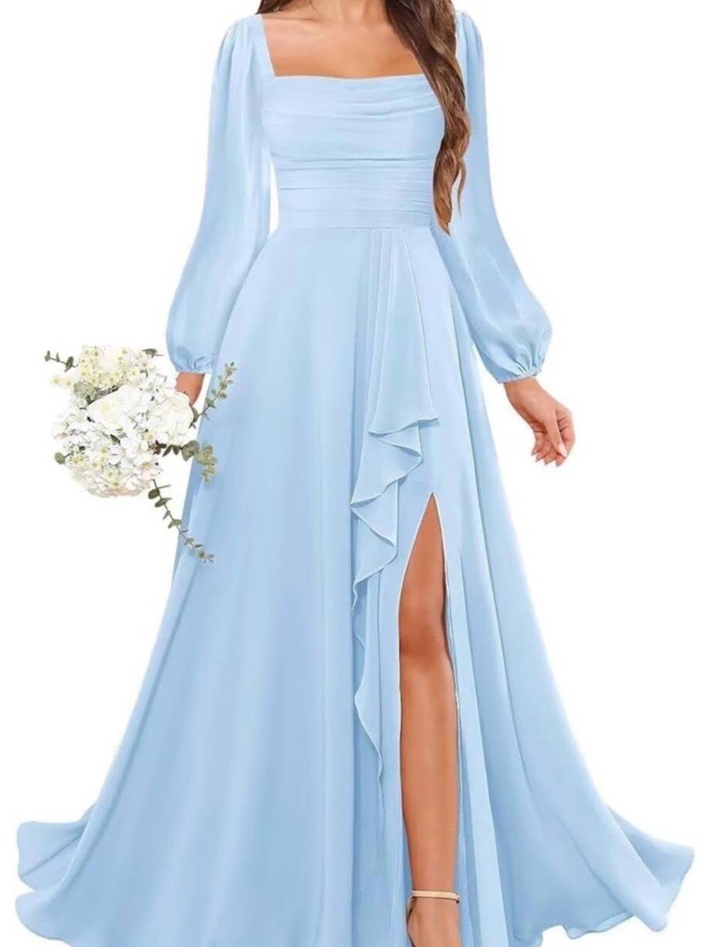 Elegant Square Neck Light Blue Maxi Dress with Ruffle Slit